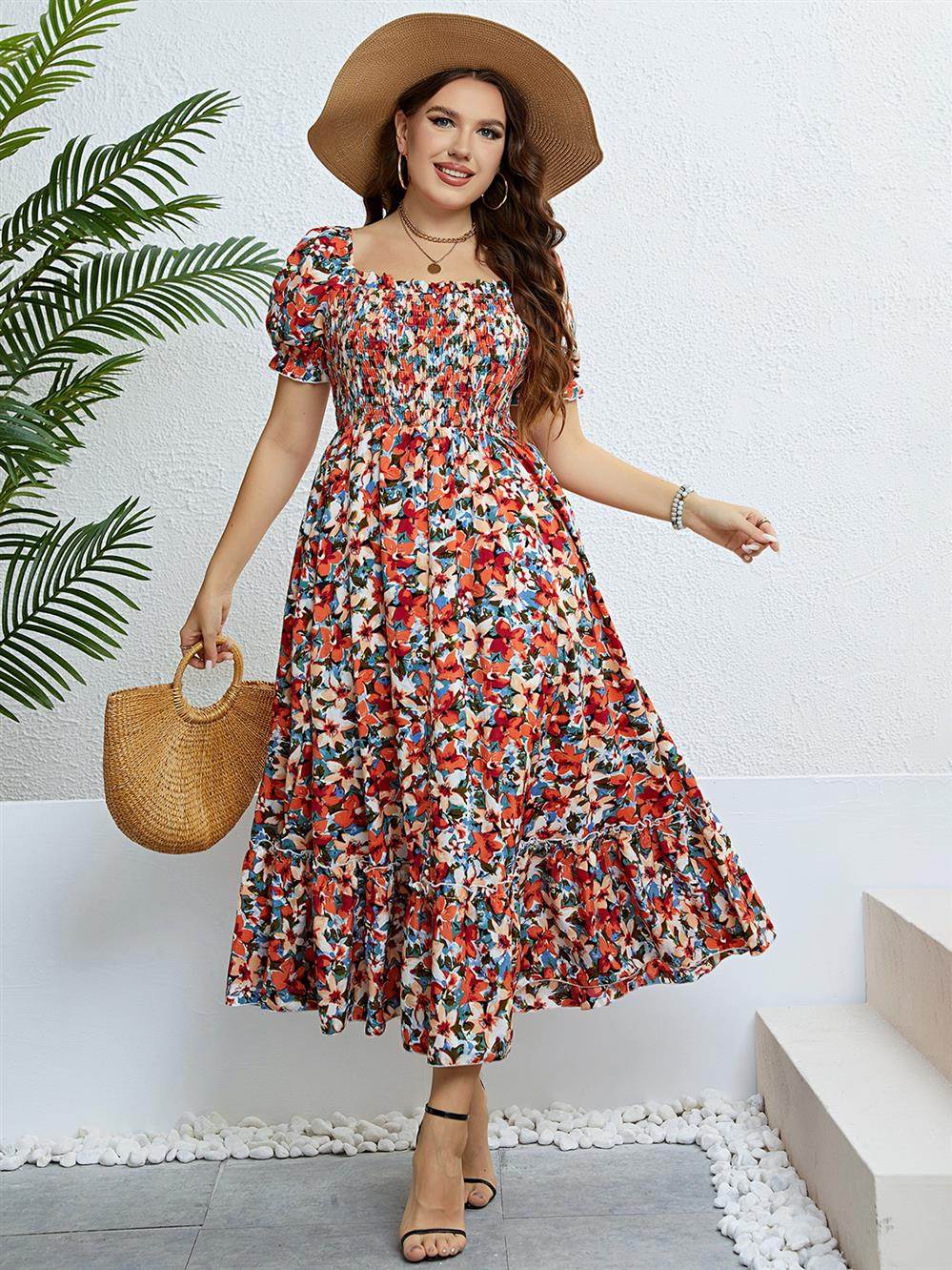 夏季碎花一字肩显瘦大码连衣裙 plus size summer floral dresses