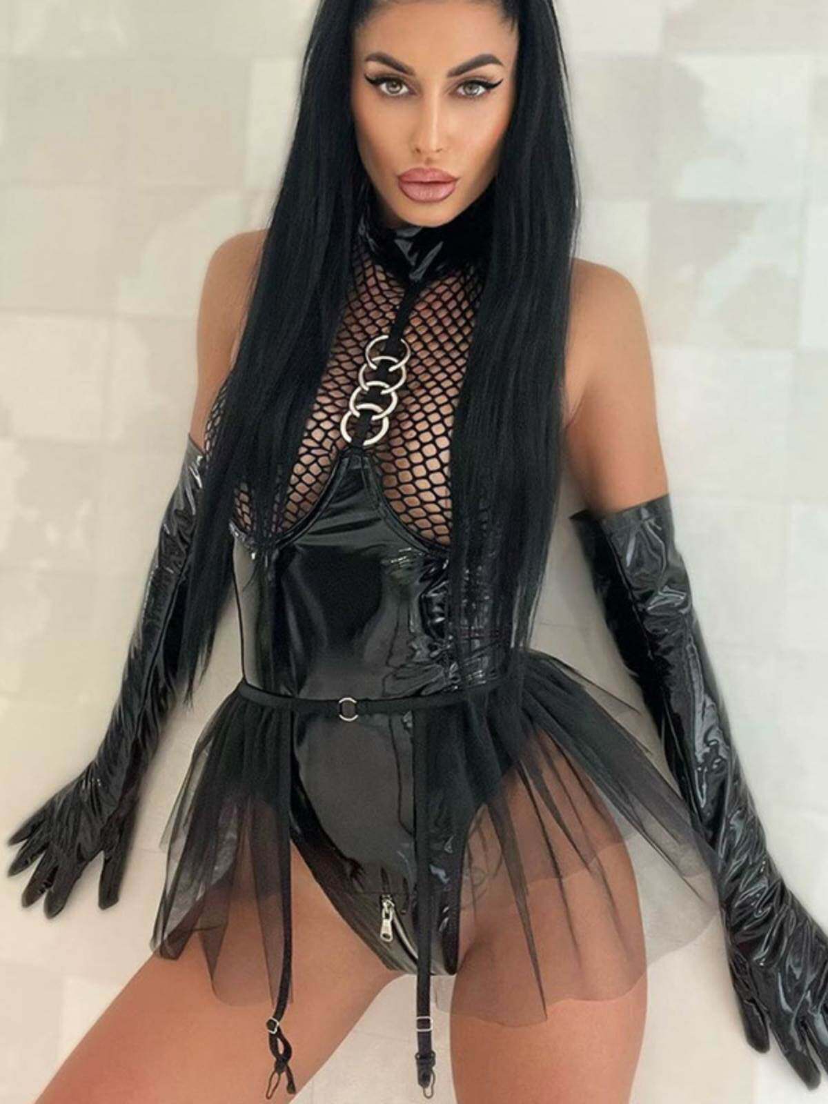 欧美风外贸夜店镂空PU皮拼接舞蹈演出超辣性感紧身连体衣背心制服