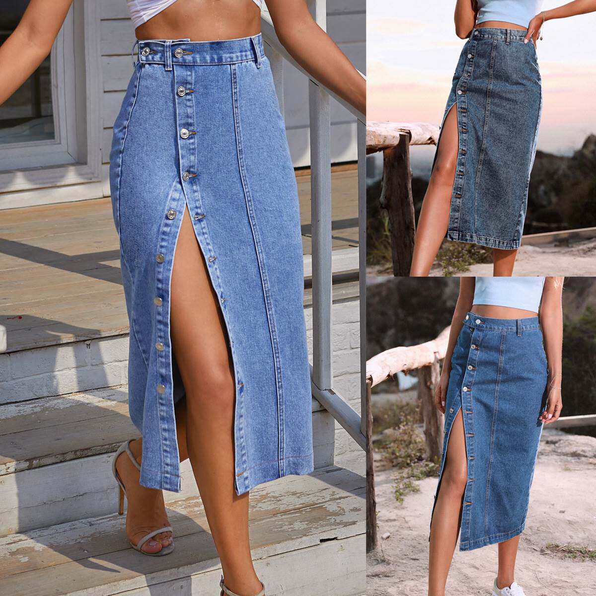 Denim Skirt Retro Long Summer Denim Skirts Girls High Waist图片