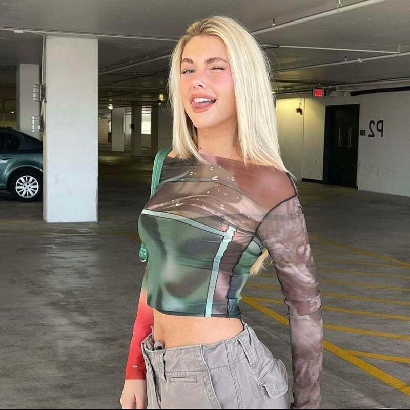 pinkbomb印花夏季洋气女士T恤衫新款时尚透气修身潮流短款长袖绿