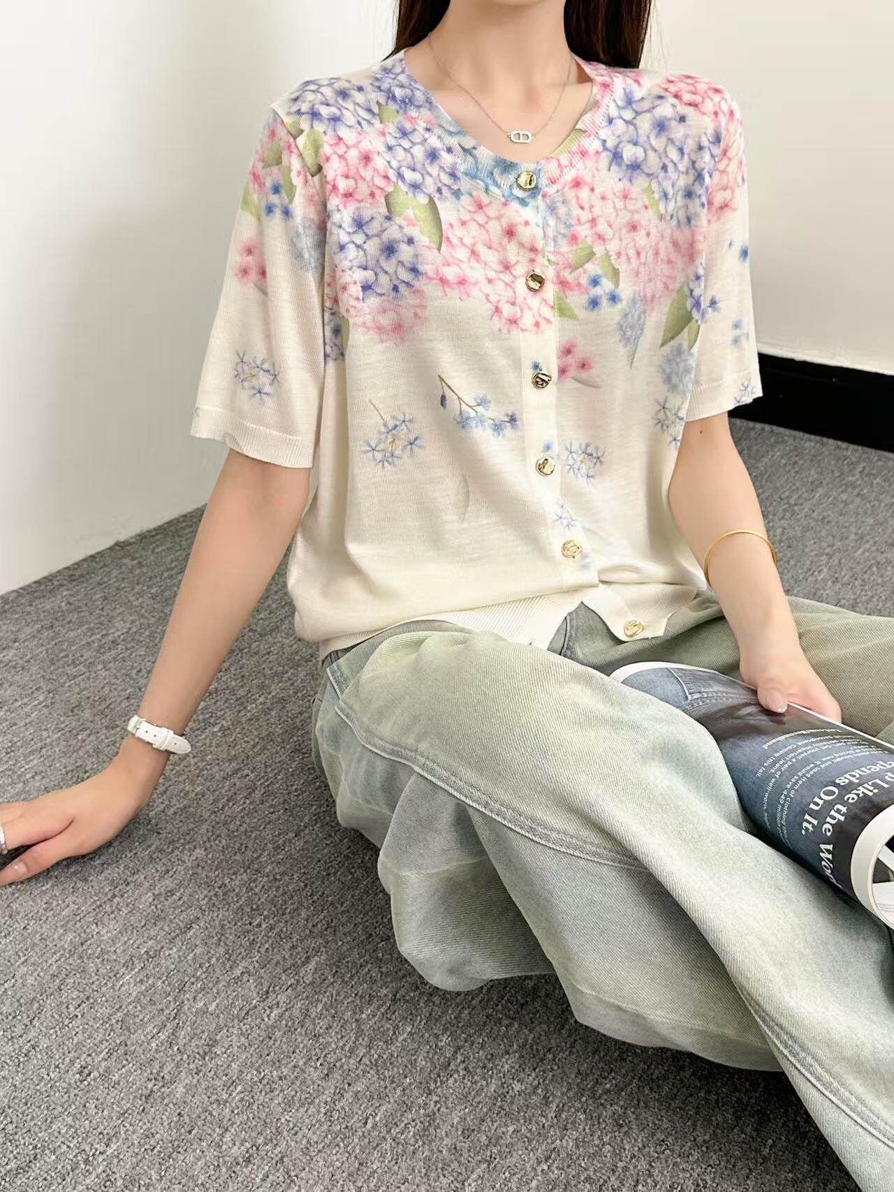 2026春夏新款天丝羊毛印花薄款女针织开衫短袖T恤