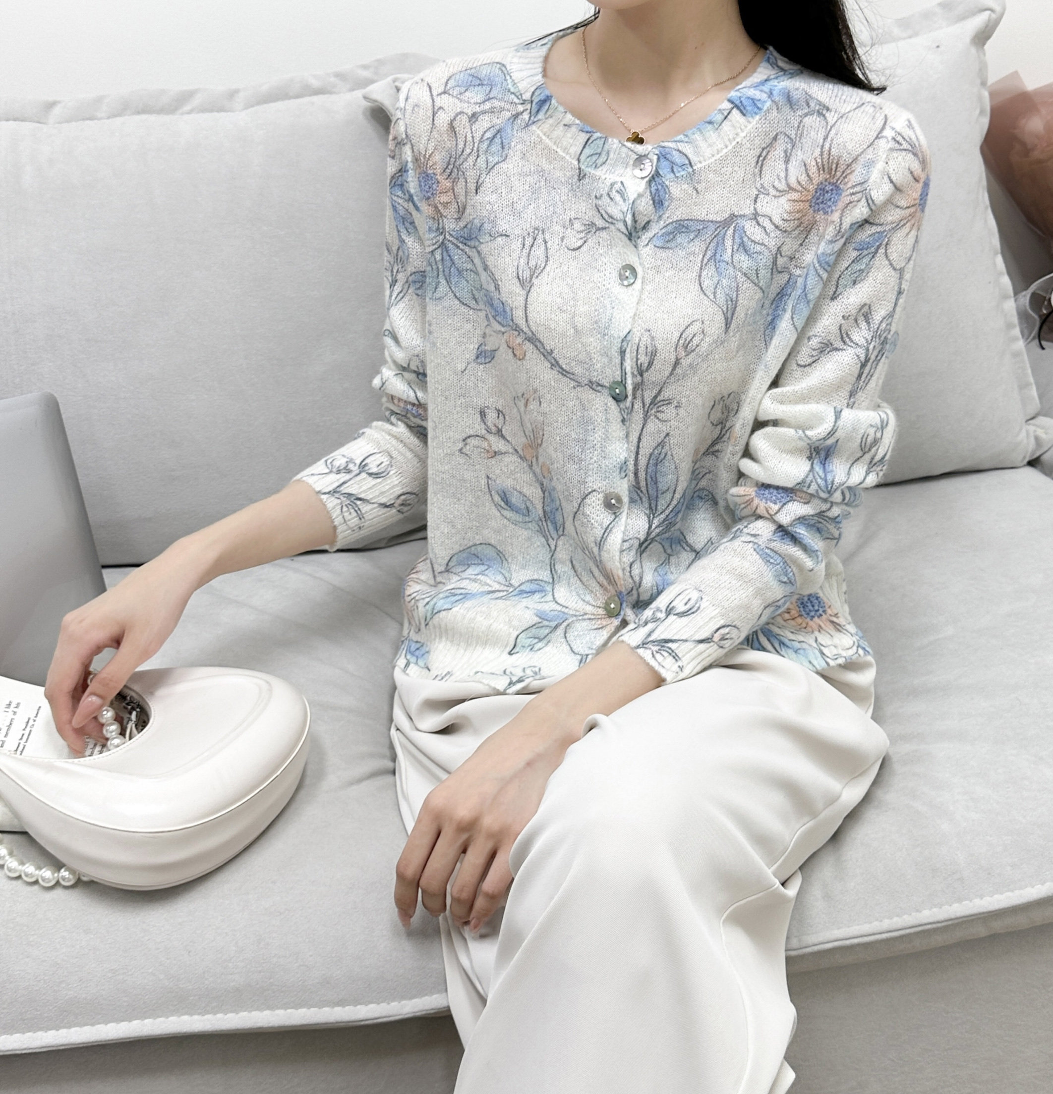 女士春季新款开衫外套 马海毛羊毛印花圆领开衫 温柔款