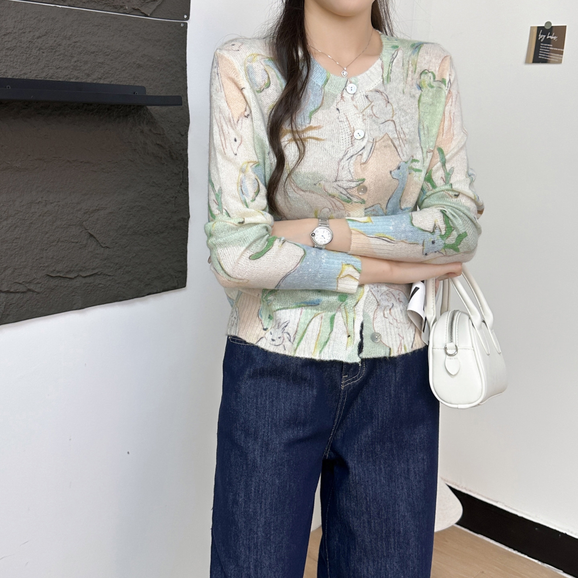 新款马海毛印花圆领长袖针织开衫宽松打底衫