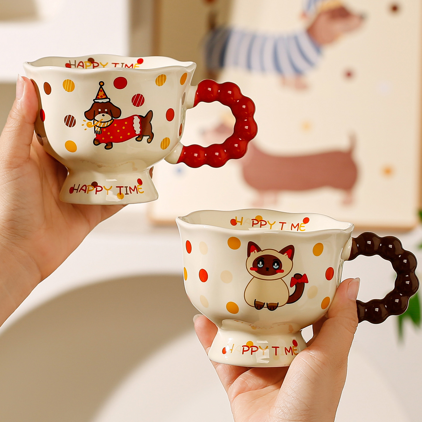 卡通可爱风陶瓷马克杯波点动物图案创意手柄设计感咖啡杯