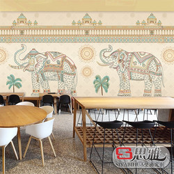 3D泰式大象墙纸东南亚民族风情背景墙装饰泰国料理餐厅私房菜壁纸