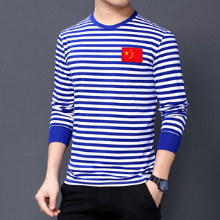 海魂衫 T恤老式 复古蓝色条纹刺绣圆领战友聚会纪念服打底衫 男长袖