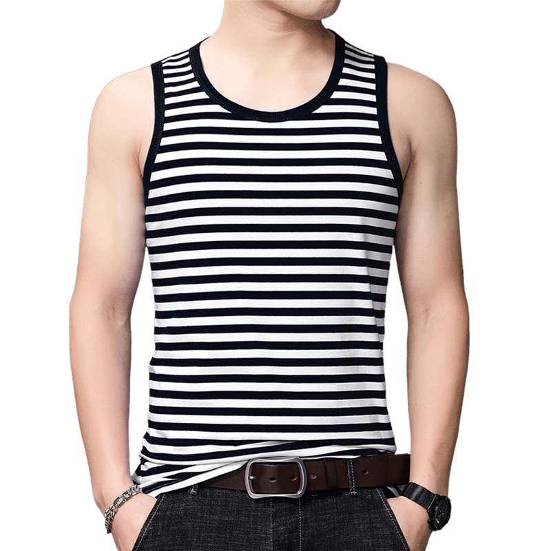 际谦海魂衫男背心中老年夏季黑白条纹纯棉运动弹力健身汗衫海军风