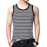 际谦海魂衫男背心中老年夏季黑白条纹纯棉运动弹力健身汗衫海军风