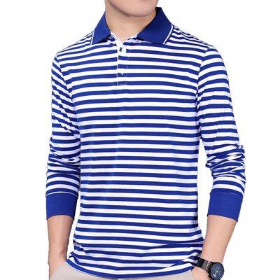 男翻领长袖POLO海魂衫T恤加肥加大码蓝白色横条纹有带领子胖子装
