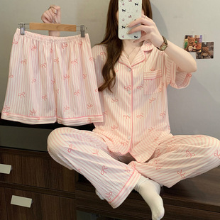 三件套小众风春夏季 日系条纹蝴蝶结皱布睡衣女夏天短袖 家居服