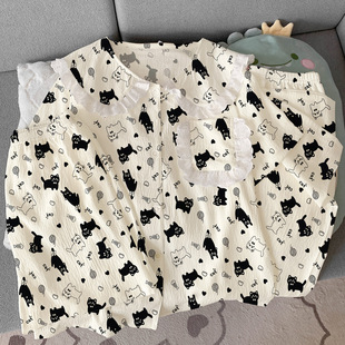三件套 卡通黑白小猫萌趣云朵棉娃娃领花边睡衣女夏家居服短袖