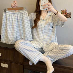 甜美系凯蒂猫云朵棉睡衣女夏季 卡通格子家居服三件套 短袖 薄款