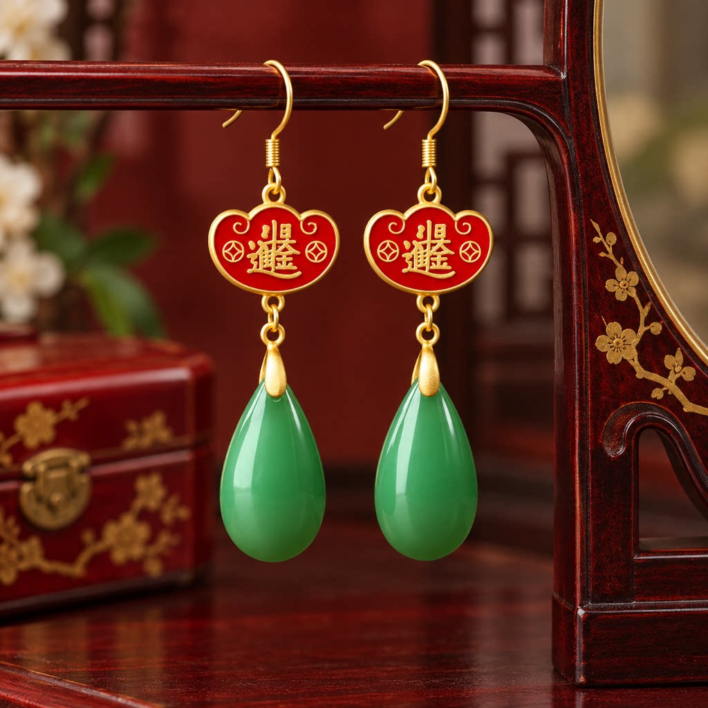 Fleur Reve 新中式如意锁造型耳环金色汉字浮雕耳钩垂坠对称