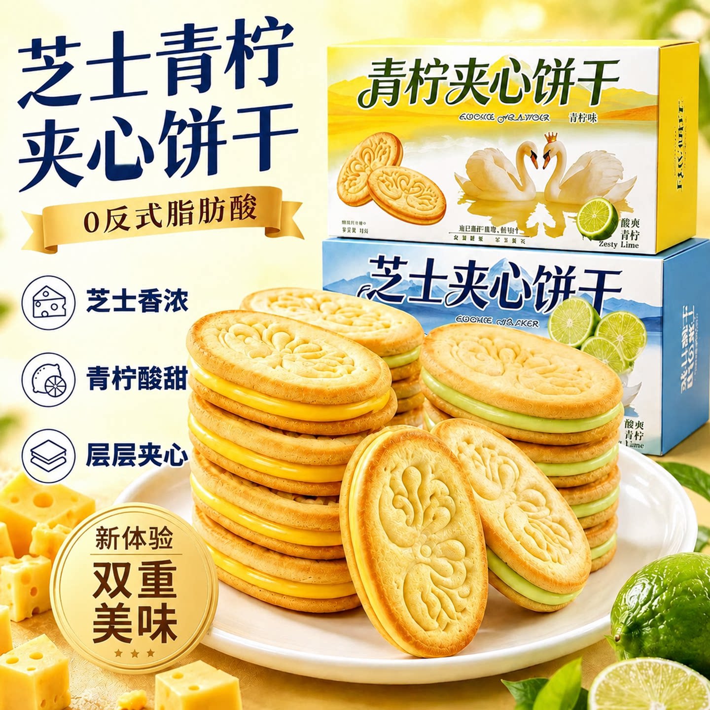 天鹅青柠芝士夹心薄脆饼干小零食
