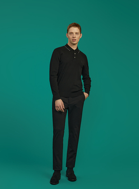 Lavico/朗维高男士黑色商务三粒扣一片领式翻领长袖针织衫