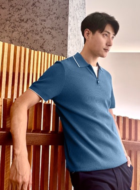 【商场同款】Lavico/朗维高男士针织灰蓝色商务翻领短袖针织衫