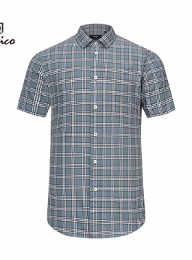 【商场同款】Lavico/朗维高男士短衬蓝色格纹新商务短袖衬衫男