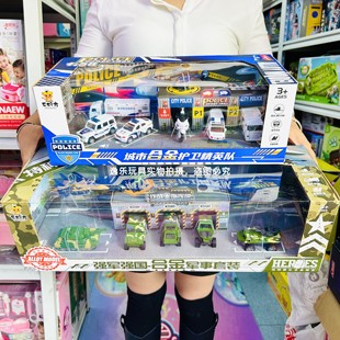 乐柠坊城市合金护卫精英队警车军事套装合金车飞机停车场儿童玩具
