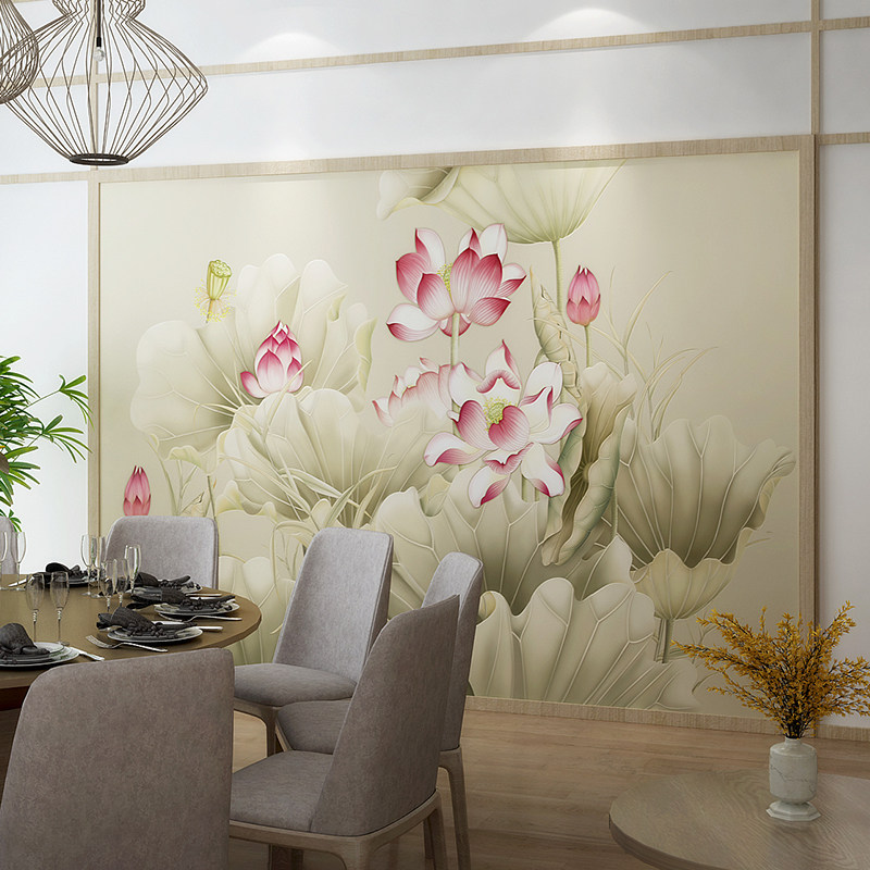 新中式荷花电视背景墙卧室客厅墙纸影视墙衣大型无缝装饰壁画墙.