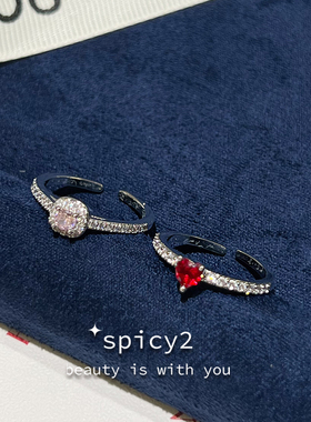 经典复古酒红色爱心戒指食指戒