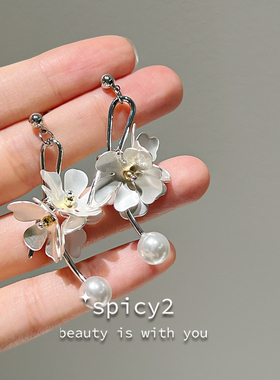 spicy2 韩式小众花朵珍珠吊坠耳环经典气质简约高级感清冷耳饰女
