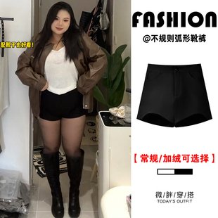 胖m弹力显瘦加绒加厚a字打底靴裤 黑色高腰辣妹短裤 女秋冬外穿大码