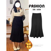 黑色加厚毛呢半身裙女秋冬大码 中长款 高腰遮胯显瘦A字鱼尾包臀裙