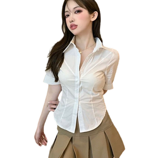 大码纯欲短袖衬衫女白色性感紧身显瘦收腰胖妹妹辣妹衬衣女上衣