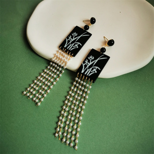 新中式超长金色流苏耳环原创设计小众黑色几何方形耳坠仿螺钿耳饰