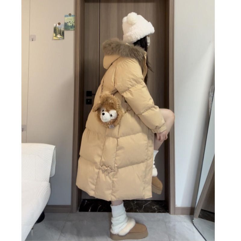 大毛领羽绒棉服女中长款2025新款冬季韩系加厚过膝小个子棉衣外套