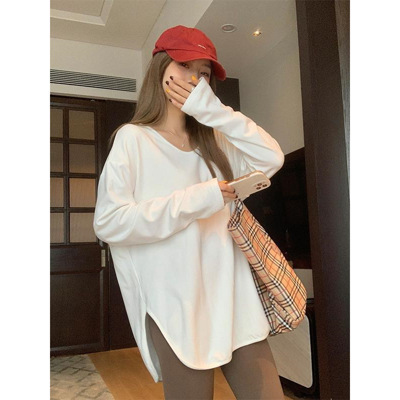 秋冬叠穿宽松V领白色长袖T恤内搭女基础磨毛加绒开叉上衣长款打底