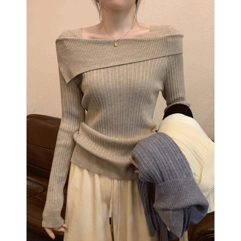 设计感一字肩针织衫女2025秋冬季新款打底衫内搭毛衣小众高级上衣