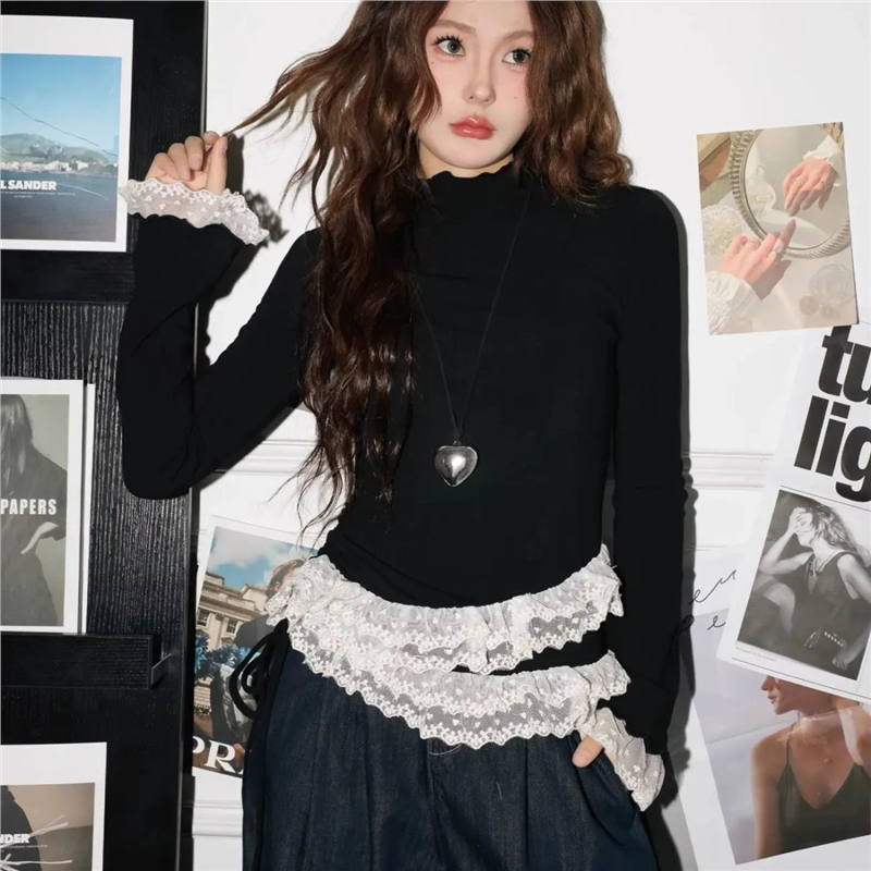 拉夏贝尔黑色木耳花边蕾丝长袖t恤女2025新款秋冬内搭打底衫上衣