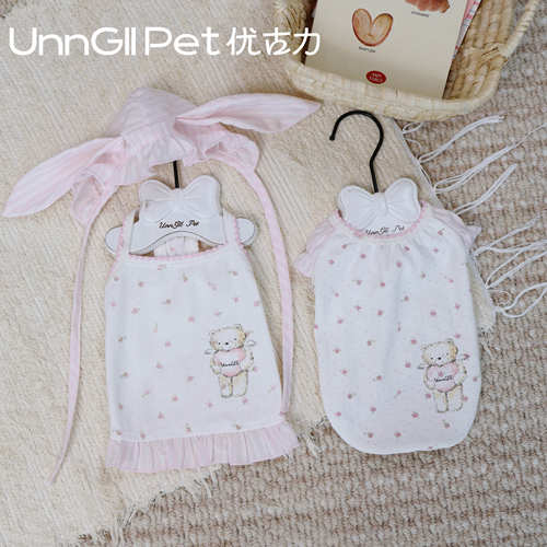 UnnGllPet优古力原创春夏兔耳帽棉小熊印花吊带裙背心宠物狗衣服