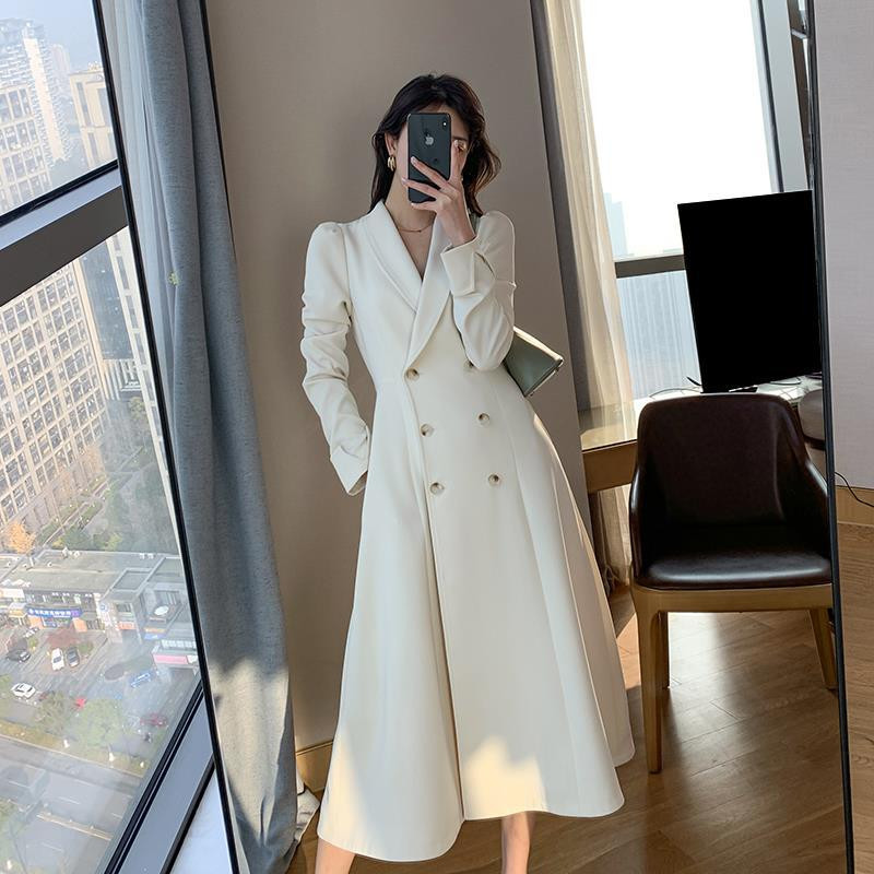 【新品】白色连衣裙女2021春秋装新款西装领收腰显瘦双排扣气质女