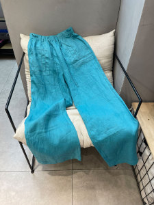 牛货闭眼入~时装款 湖蓝色亚麻刺绣拖地裤子夏季爆款松紧腰休闲裤