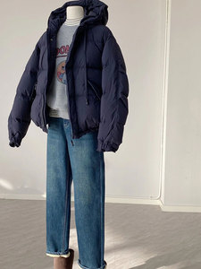 藏青色棉衣棉服外套女款冬季爆款高端时尚保暖加厚连帽羽绒服大衣