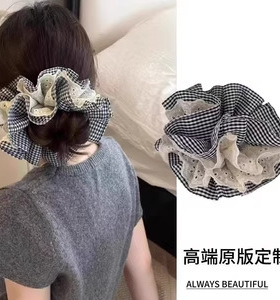 韩系格子蕾丝大肠发圈女ins头花发绳超大号丸子头发饰高级感头饰