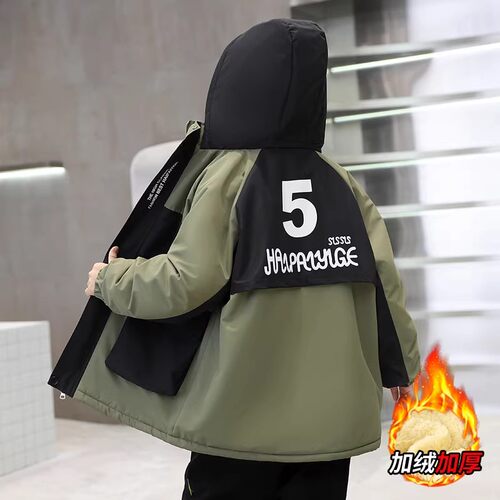 男童冬季加绒外套儿童装冲锋衣加厚风衣派克服中大童棉服帅炸棉衣