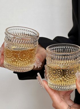 ins风复古浮雕太阳花威士忌杯轻奢白酒杯欧式洋酒杯小号高度酒杯