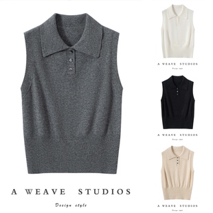 48支精纺100%纯山羊绒衫女薄款ROW翻领背心套头无袖宽松针织马甲