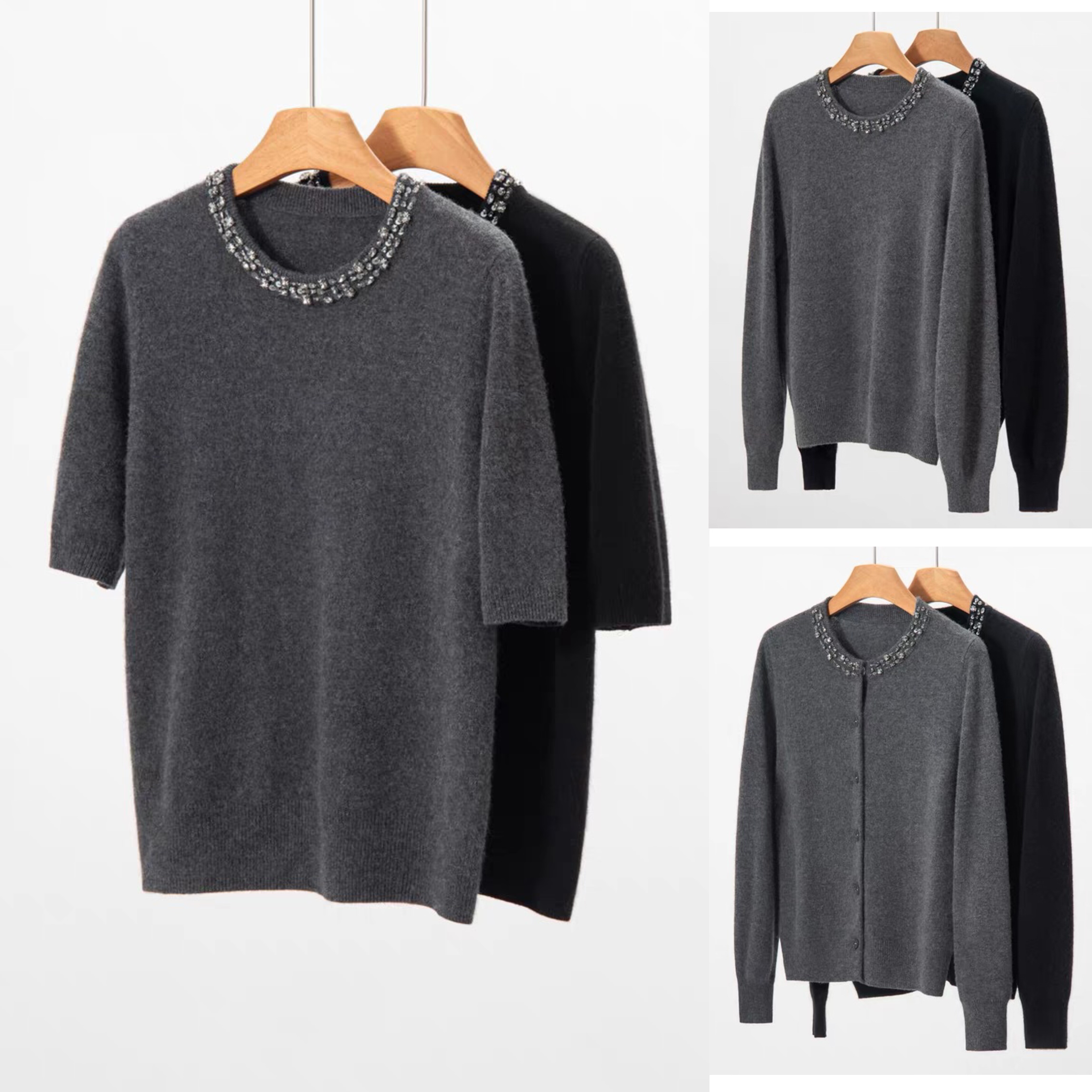 高雅轻奢 精致钉珠100%纯山羊绒圆领 短袖 长袖 开衫宽松针织衫