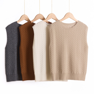 山月云织 女圆领套头宽松针织背心镂空马甲 一线成衣100%山羊绒衫