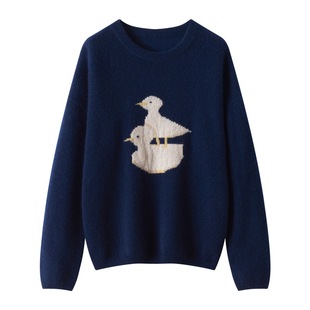 山月云织 嵌花小鸭子圆领套头宽松针织打底毛衣 75%羊绒25%桑蚕丝