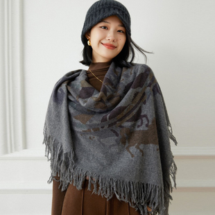高奢大马图案四季围巾披肩100%山羊绒原生态草原风情流苏大方巾厚