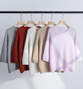 百搭神器7G双股拉毛插肩袖 75山羊绒25桑蚕丝套头毛衣宽松 7分袖