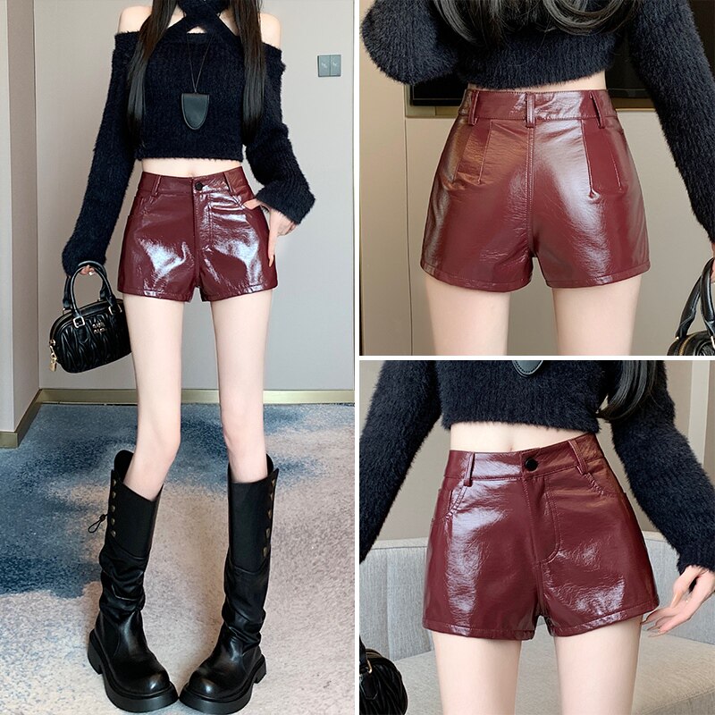 2025秋冬新款高腰显瘦包臀短裤红色A字PU皮裤小个子热裤外穿女装,女装/女士精品,休闲裤,淘宝优惠券,粉丝福利购,淘宝优惠卷