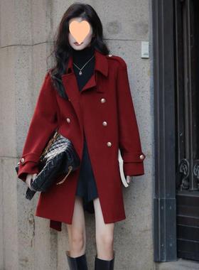 2025秋冬新款气质新年战袍复古呢子大衣红色长款金扣毛呢外套女