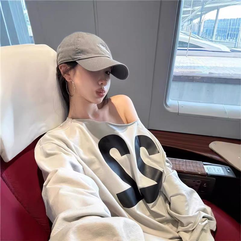 美式复古字母印花卫衣女春秋慵懒风休闲宽松oversize斜肩套头上衣