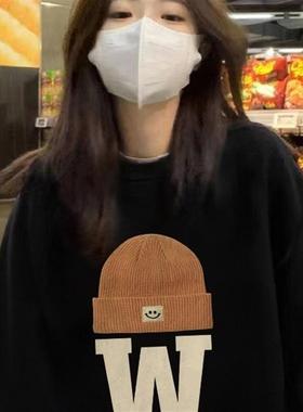 黑色帽子字母印花圆领卫衣女加绒秋冬款情侣套头上衣男款班服